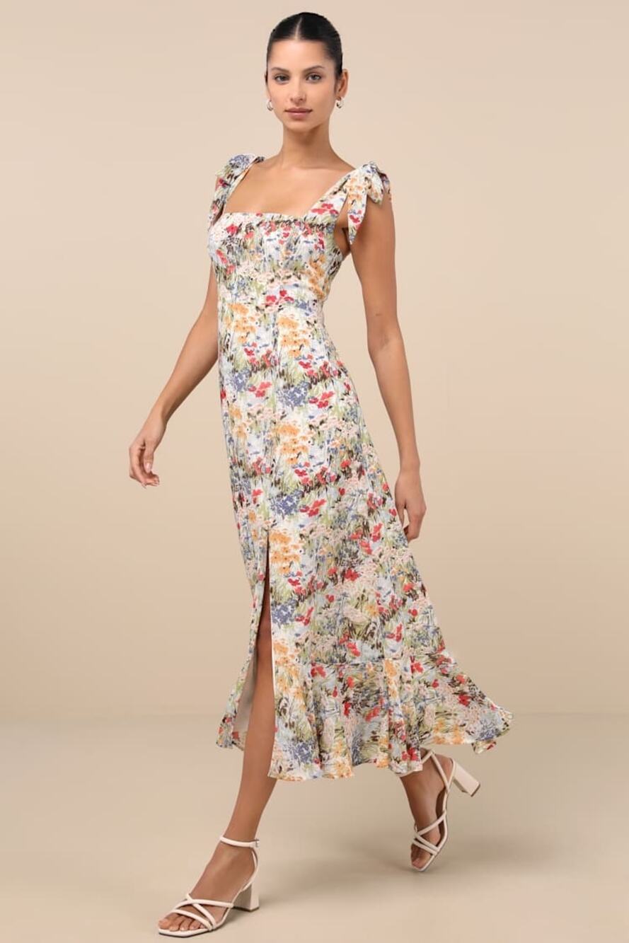 NWT Lulus Summer Invite White Multi Floral Tie-Strap Tiered Midi Dress M